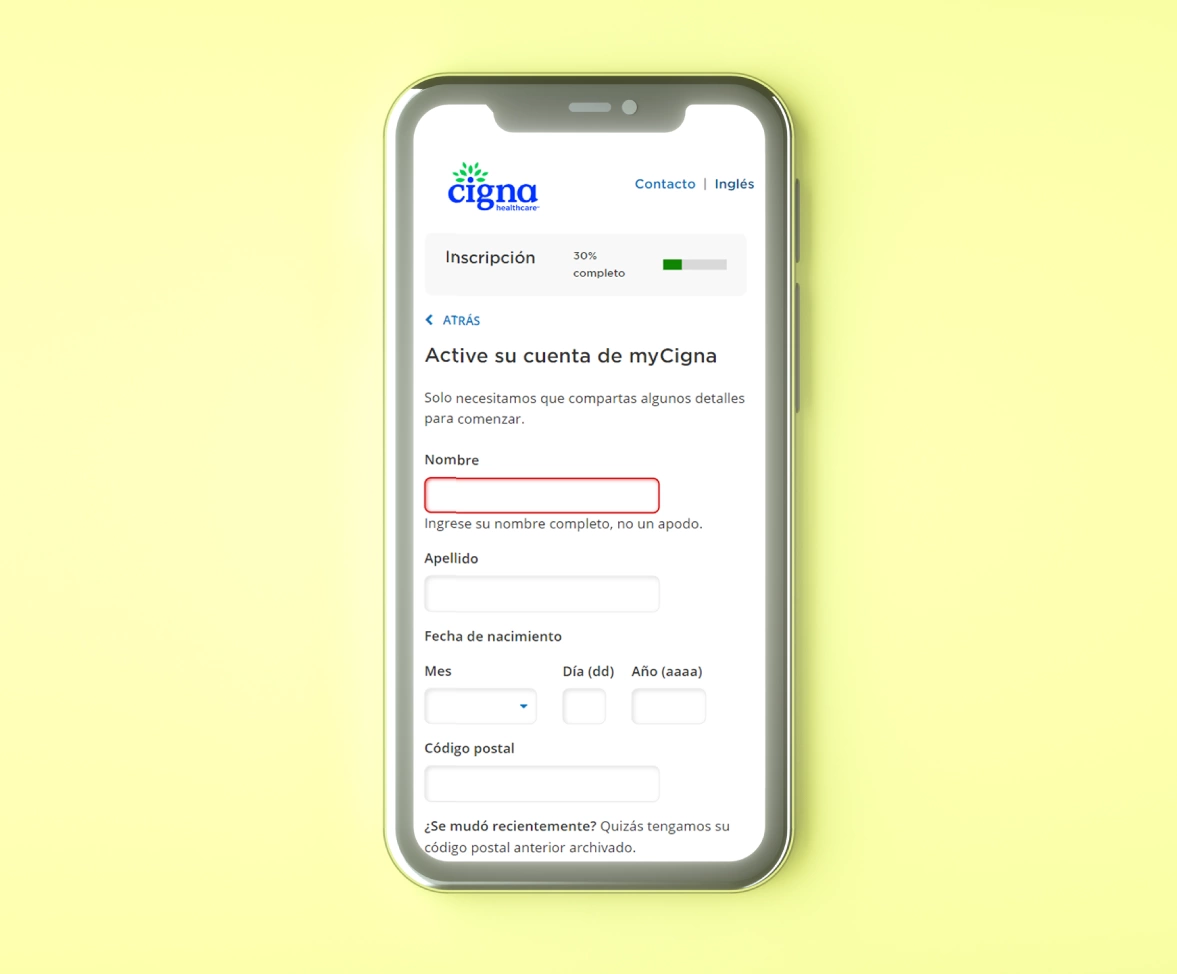 Registro de cuenta en linea de Cigna Insurance 